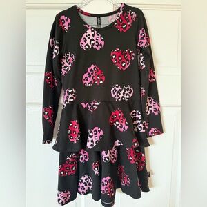 New pixielane Girls Black Peplum Dress with Pink & Red Leopard Heart Print